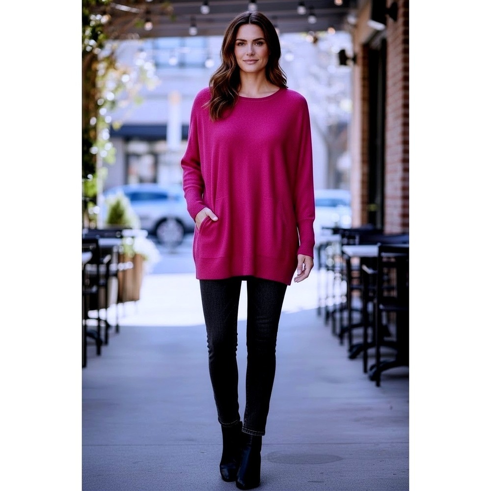 Garnet Hill Organic-Cotton Pocket Detail‎ Tunic Sweater Magenta Relaxed Fit Sz M - Picture 2 of 10